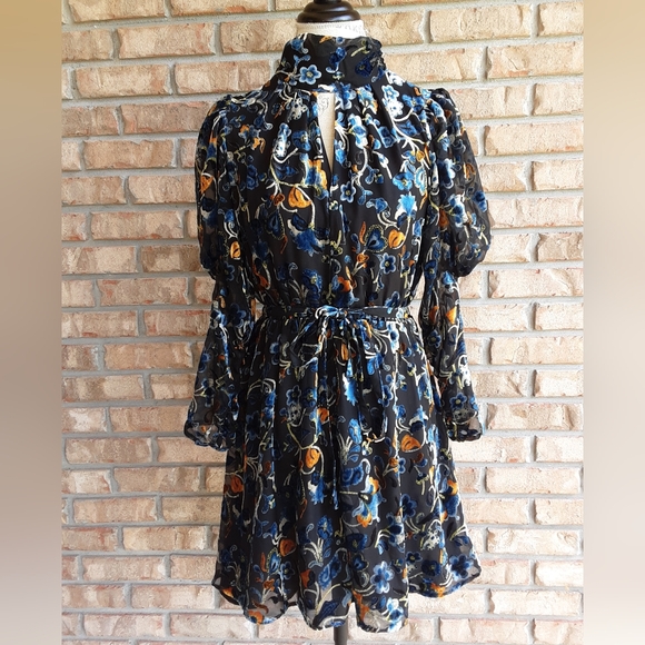 French Connection Avery Burnout Velvet Keyhole Mini Juliette Sleeve Dress. - Picture 1 of 14